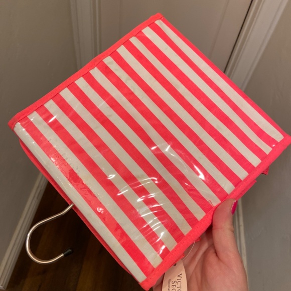 NEW VINTAGE Y2K VICTORIA’S SECRET HOT PINK STRIPED ORGANIZER MAKEUP BAG TRAVEL - Picture 3 of 7